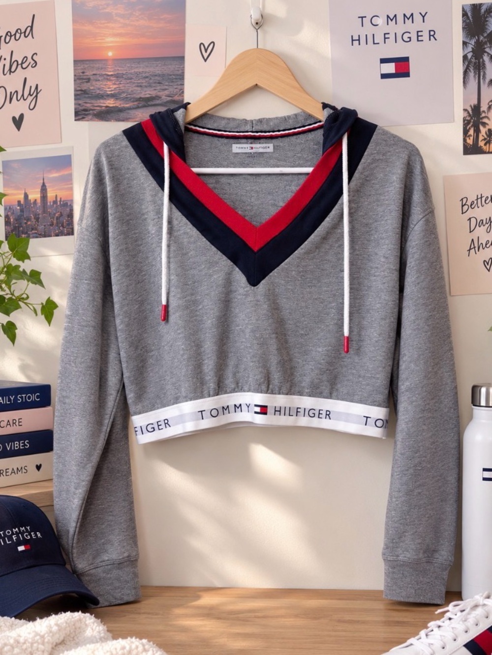 Tommy Hilfiger Gray Cropped V-Neck Hoodie with Red & Navy Trim